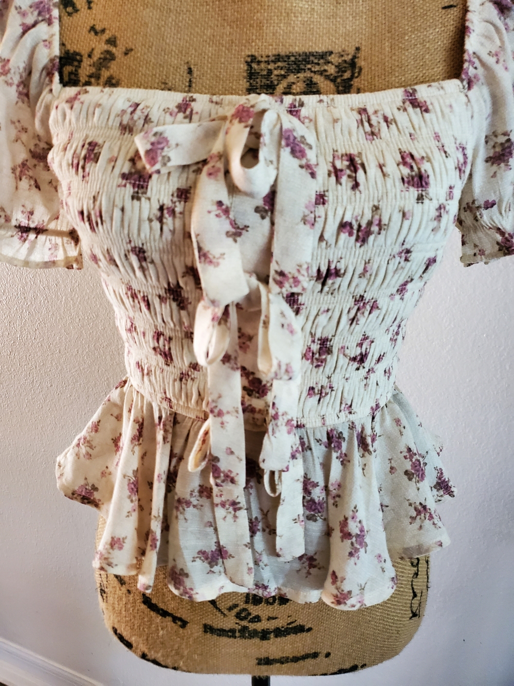Trixxi Floral Smocked Tie-Front Peplum Top Size S